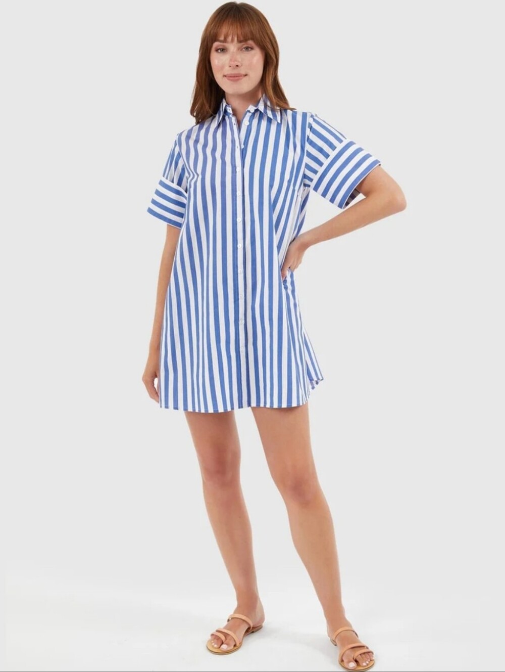 LIVRO Dock Dress In Blue Stripe Collared Mini Shirtdress Coastal Medium